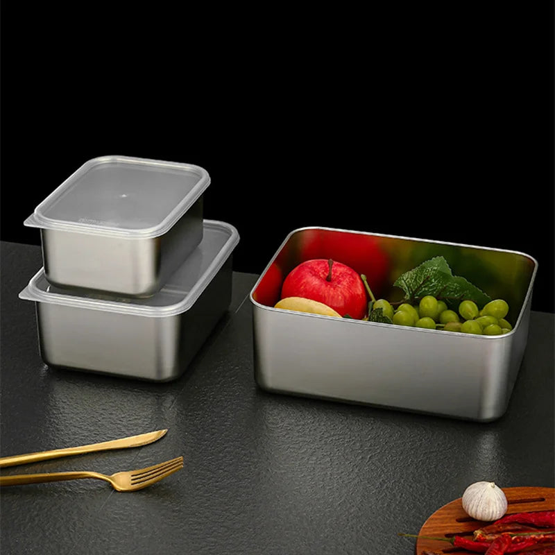 Bandeja de acero inoxidable 304 para conservar alimentos frescos con tapa, ideal para el refrigerador, para sellar frutas, para comidas, para cocina, bento.