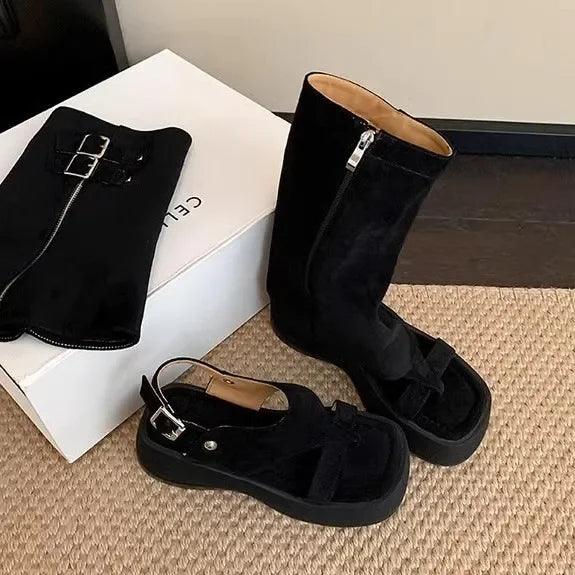 Botines estilo romano caqui de dos vías, sandalias de moda retro con personalidad individual, zapatos cómodos con suela de goma para mujer