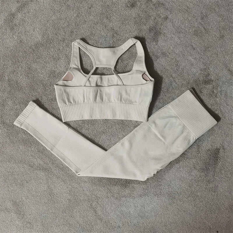 Conjunto de yoga fitness sin costuras para mujer, ropa deportiva de cintura alta, leggings, pantalones cortos de dos piezas, ropa de gimnasio para mujer