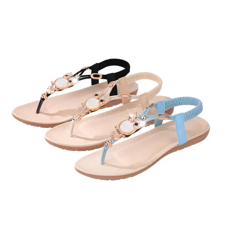 Sandalias planas bohemias de verano nuevas, informales, con cuentas de búho y clip en la punta, para mujer, parte superior de goma, suaves, cómodas y resistentes al desgaste.