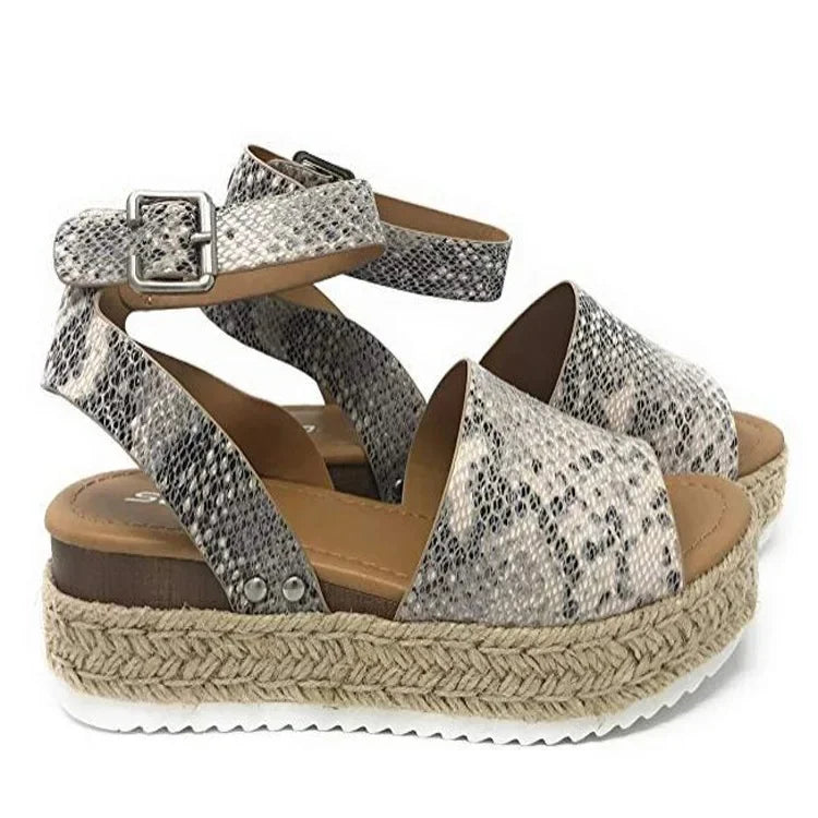 Sandalias de mujer de talla grande, estilo verano 2021, suela gruesa, diseño de hebilla y correa tejida, cómodas cuñas secas de EVA, sandalias romanas