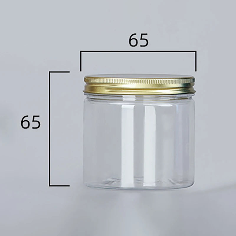 Frasco de plástico transparente de 15 tamaños con tapas de aluminio rosa, contenedor vacío para crema facial, contenedor de cosméticos, botellas rellenables de viaje doradas.