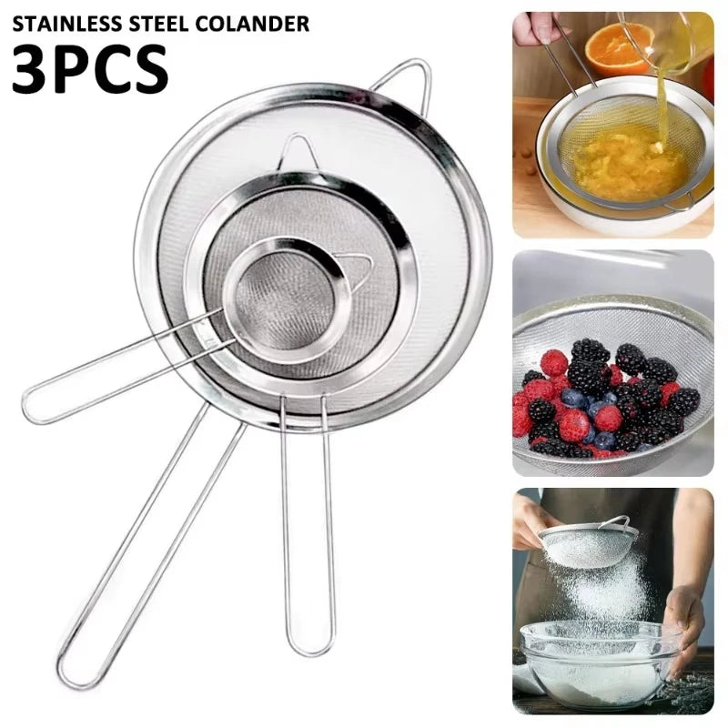 Filtro de malla de acero inoxidable con cuchara ranurada, esencial para la cocina, paquete de 3, colador de alimentos finos con mango largo para cocinar