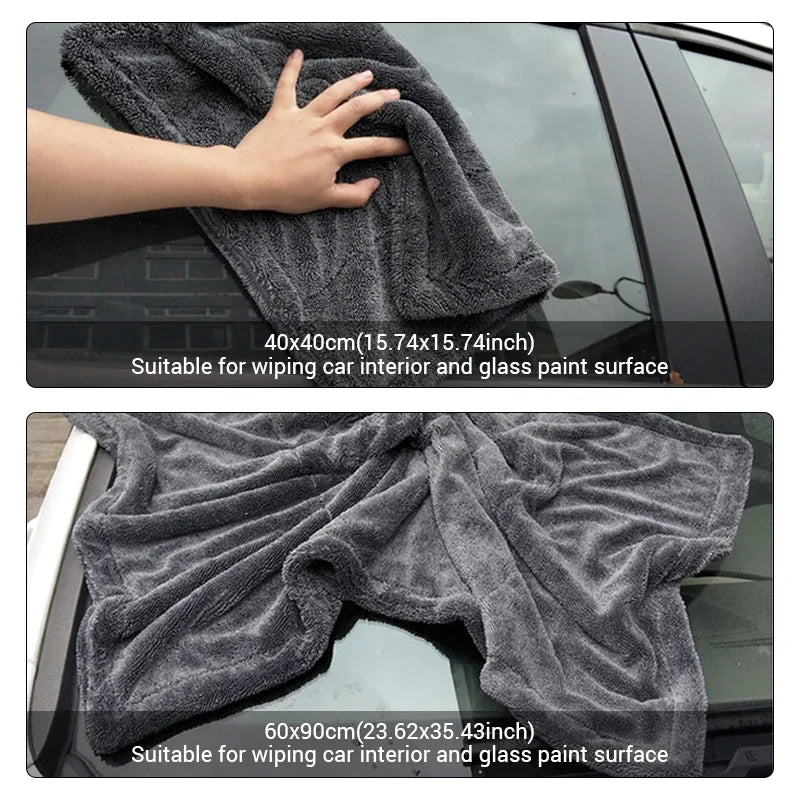 Toalla de microfibra para limpieza de autos de 1200 g/m²/600 g/m², de doble cara, súper absorbente, resistente a rayones y con pelusa suave.