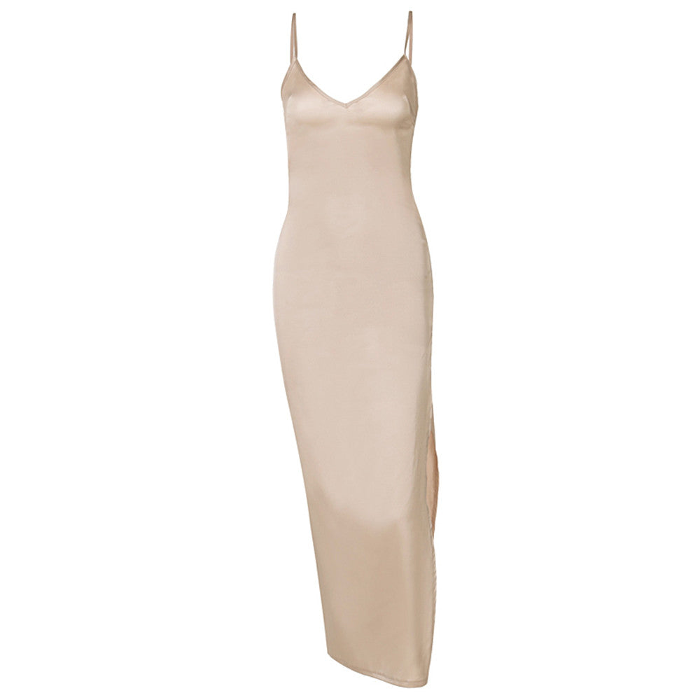 Women Summer Satin Silky Spaghetti Strap Split Long Dress Elegant Sleeveless Backless Club Party Beach Sexy Dresses Vestito