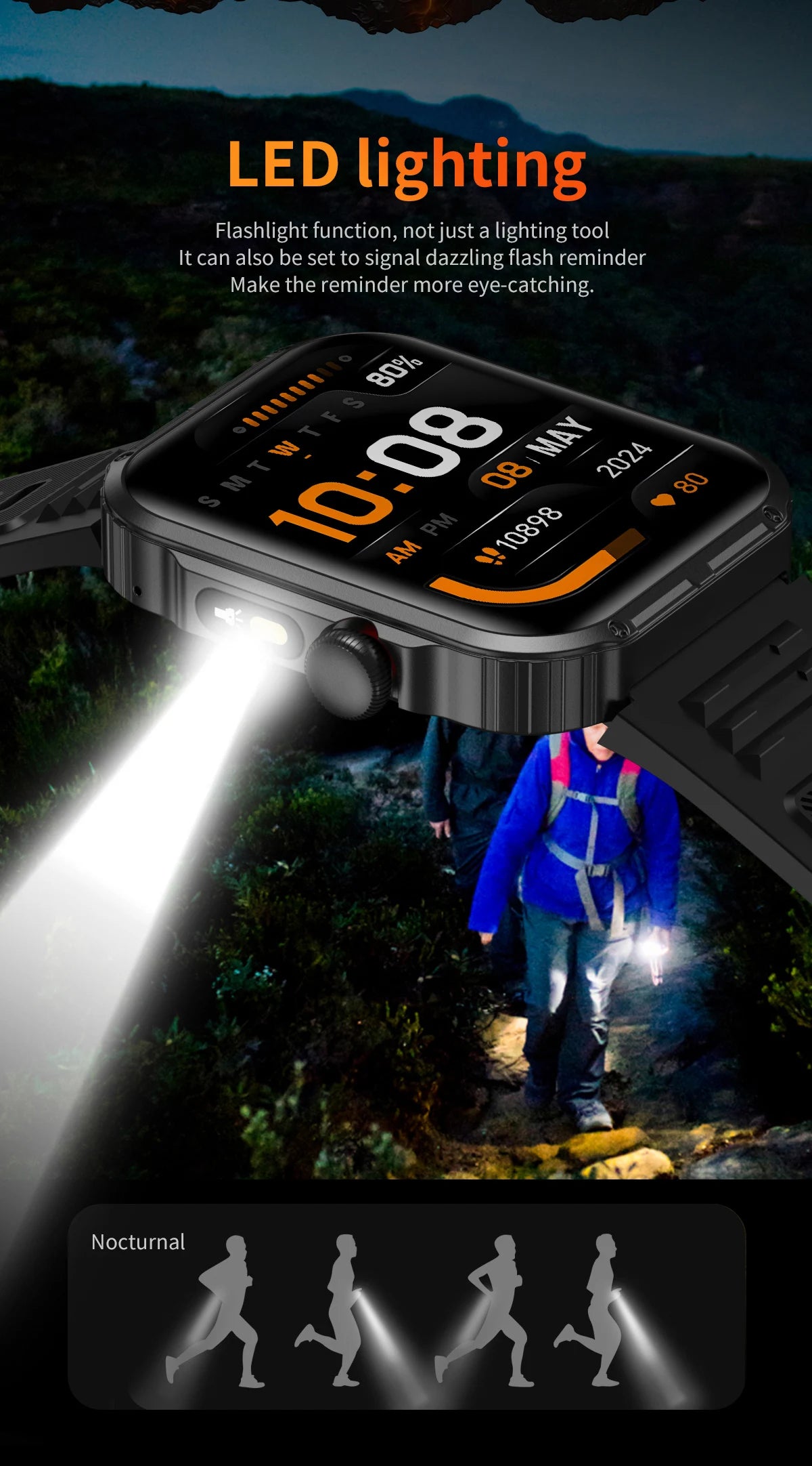 Reloj inteligente de 2,01 pulgadas para hombre y mujer, con linterna LED, control del ritmo cardíaco, para deportes al aire libre y fitness, resistente al agua