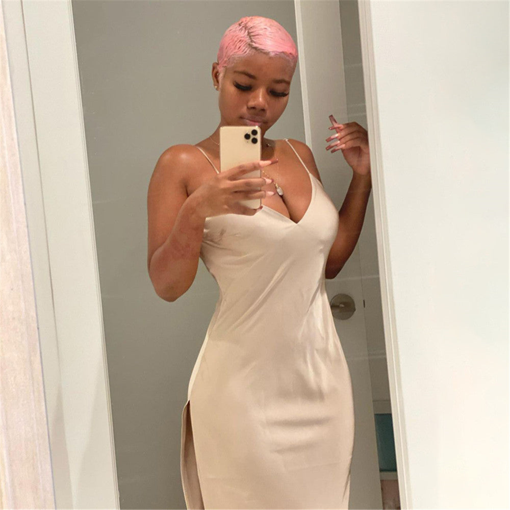 Women Summer Satin Silky Spaghetti Strap Split Long Dress Elegant Sleeveless Backless Club Party Beach Sexy Dresses Vestito