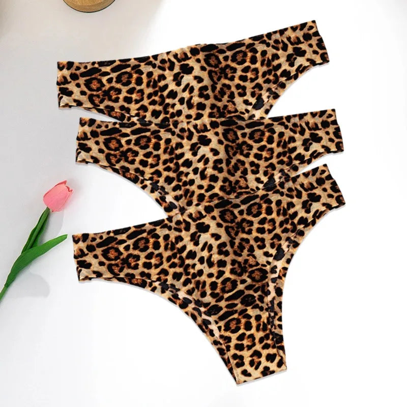 WarmSteps - Conjunto de 3 tangas sexys de leopardo para mujer, ropa interior femenina sin costuras, bragas estampadas de seda helada, 2024