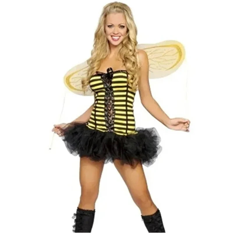 Carnival Halloween Women Sexy Role Play Clothes Bumble Bee Costumes Yellow Cute Bee Cosplay Fancy Dress with Wings Headwear