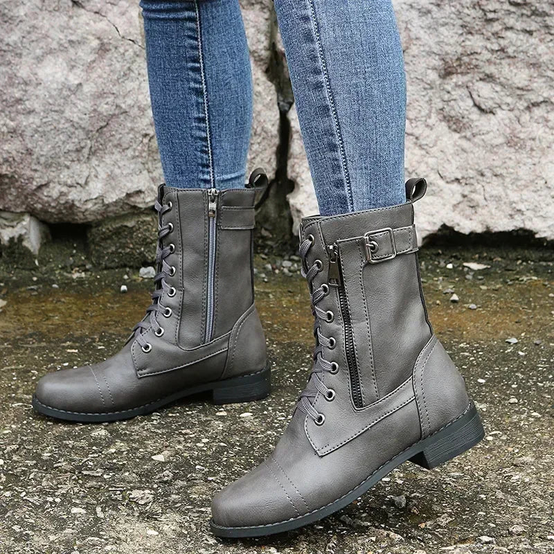 Botines de tacón cuadrado para mujer, botas de trabajo cortas de piel sintética para otoño e invierno, botas elásticas con cordones de talla grande para mujer 2024