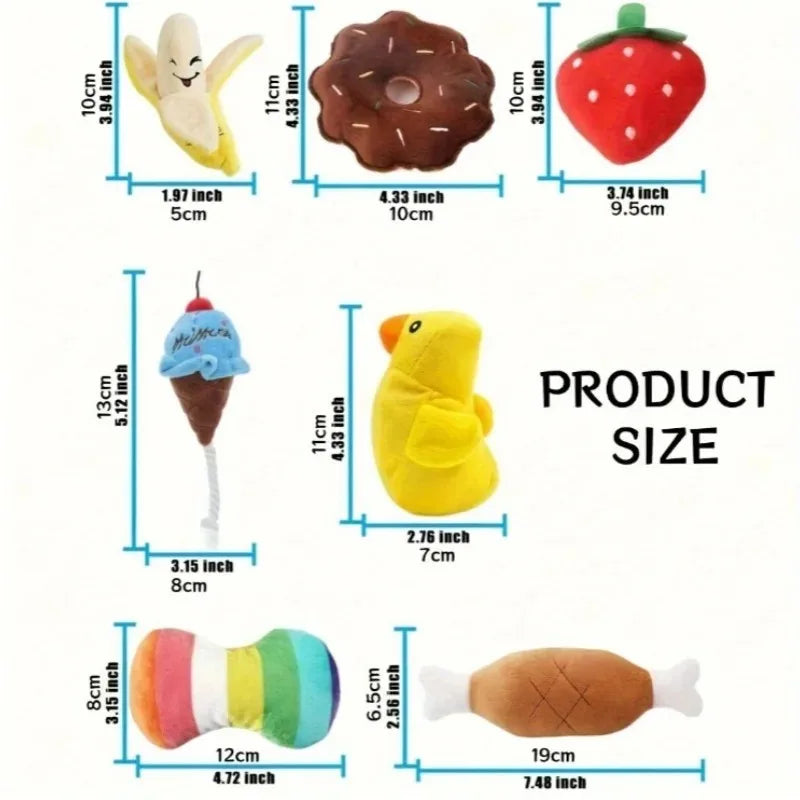 Un juego de 7 piezas de juguetes con sonido para cachorros, juguetes de peluche sueltos para masticar, bocadillos de frutas de peluche y juguetes de verduras para cachorros, adecuados para juegos lindos.