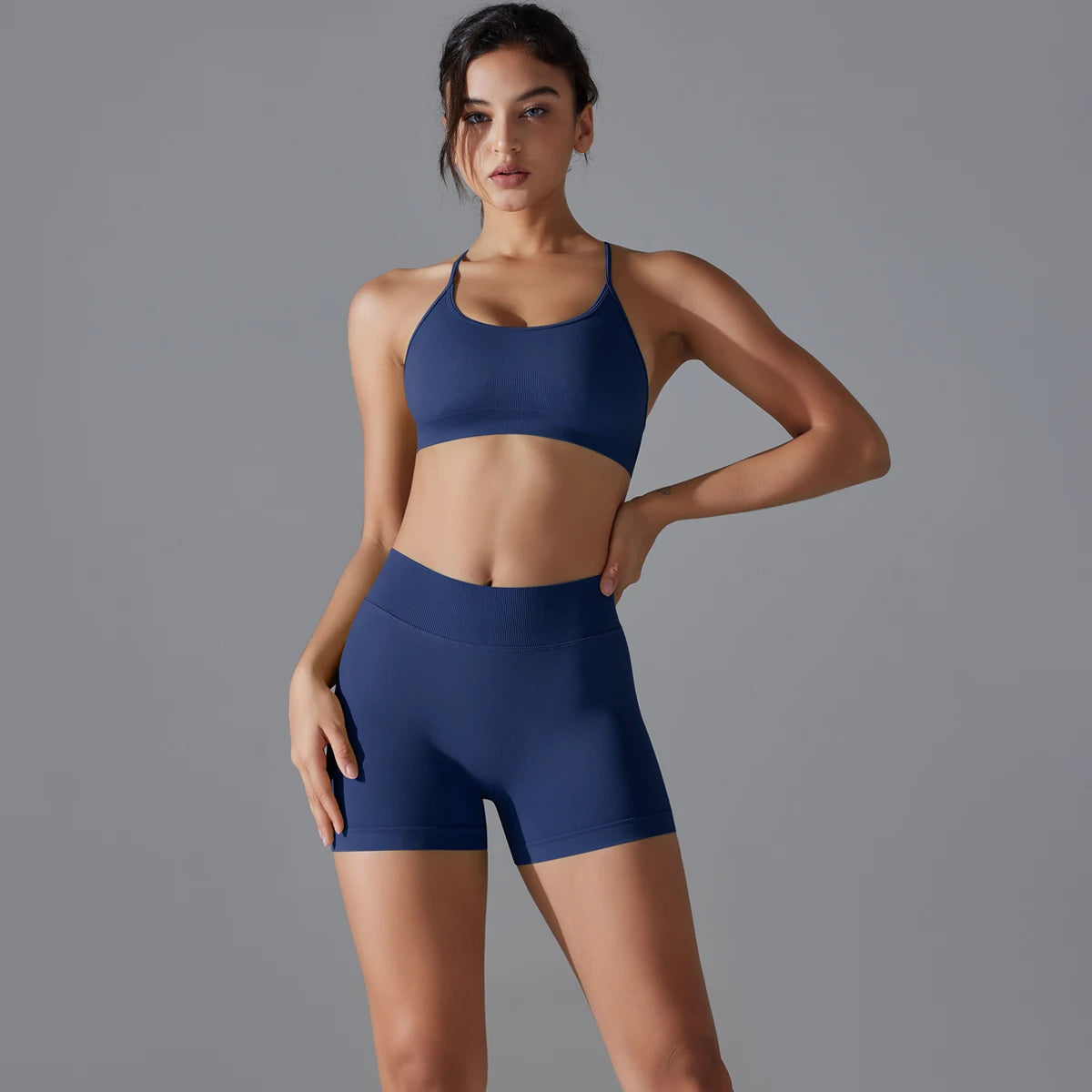 Conjunto deportivo de yoga, mallas de gimnasio de secado rápido, tirantes cruzados con absorción de impactos, pantalones cortos de ciclismo para mujer, entrenamiento de yoga.