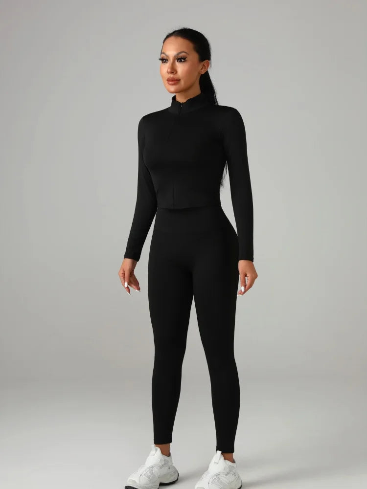 Conjunto deportivo de color liso para mujer: camiseta de manga larga y pantalón de yoga, chándal transpirable de secado rápido.