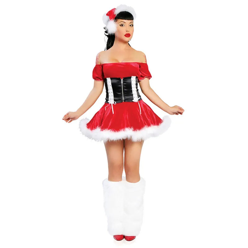 Sexy Velvet Plush Christmas Dress Red Sexy Women Santa Claus Costume Bandage Mini Dress Party Show Ladies Xmas Festival Outfit