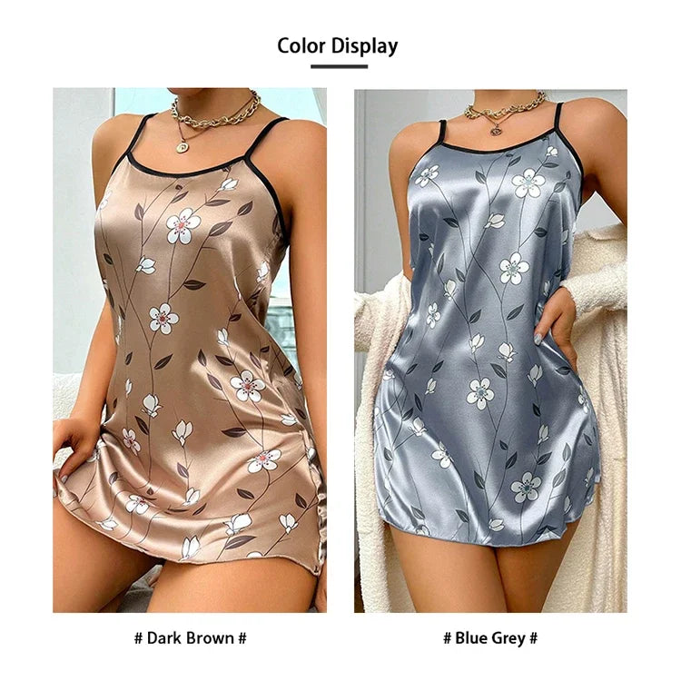 Camisón de satén con estampado floral para mujer, ropa de dormir informal sin mangas y sin espalda, sexy, para el hogar