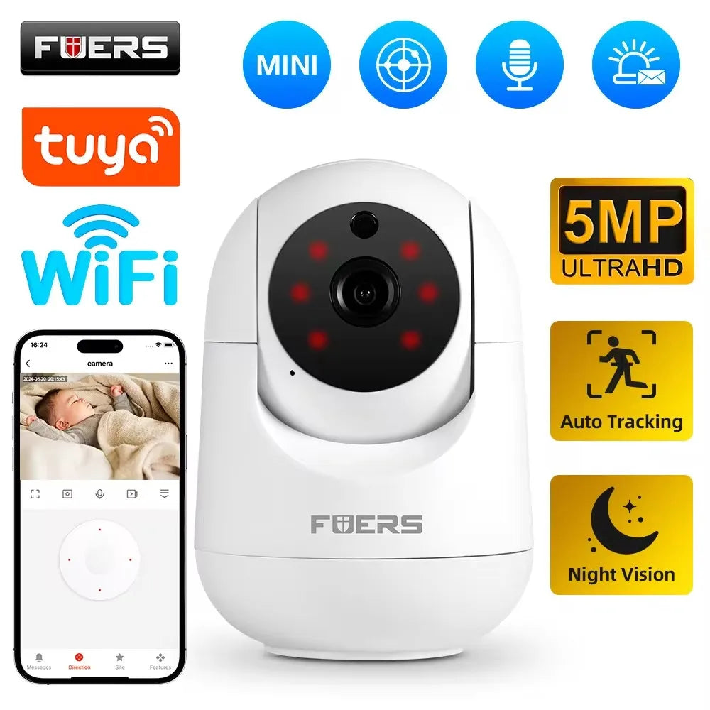 Cámara WiFi Fuers de 5 MP, Tuya Smart Home, cámara de vigilancia IP inalámbrica para interiores, detección IA, seguimiento automático, monitor de seguridad para bebés.