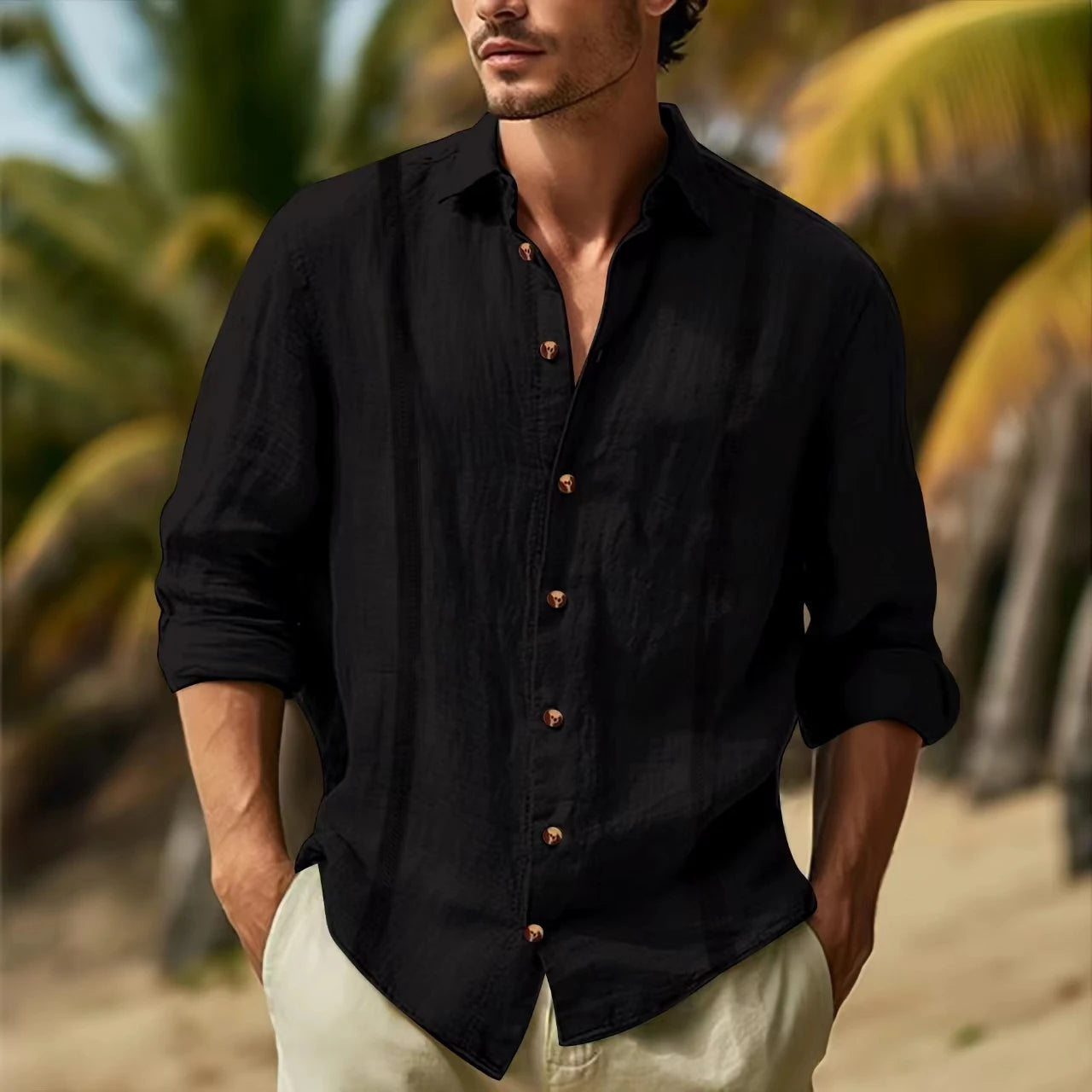Camisa informal de algodón y cáñamo Cuba Guayabella de color sólido con solapa de manga larga y doble cinta para hombre, primavera y otoño de 2024