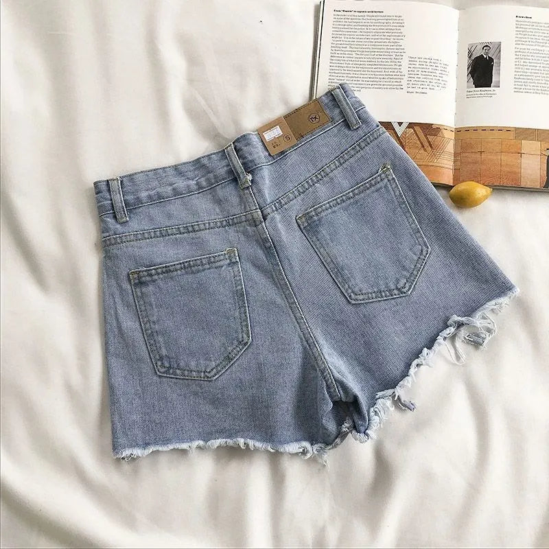 Pantalones cortos vaqueros coreanos de verano para mujer, moda informal, cintura alta, rotos, con bolsillos y borlas, estilo Y2K, ropa de calle, pantalones azules