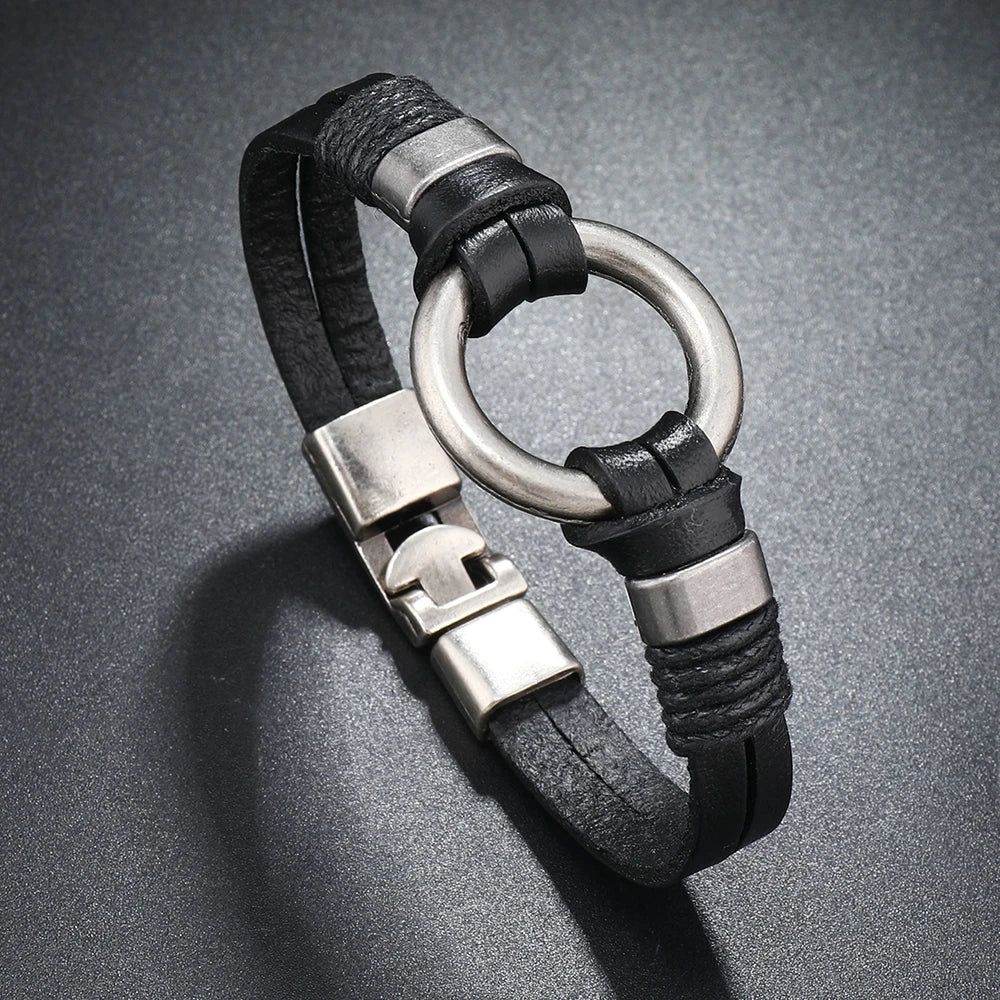Pulsera de cuero genuino hecha a mano para hombres y mujeres, pulsera sencilla