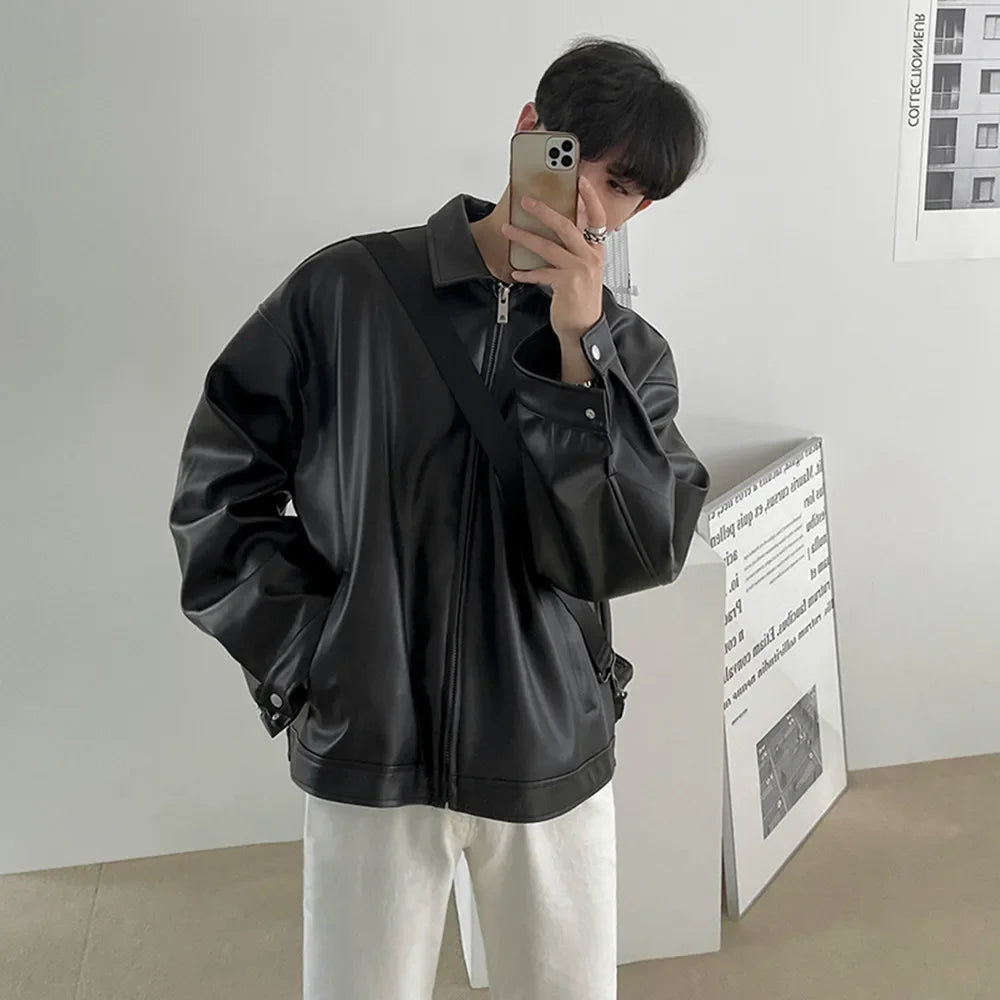Chaqueta de cuero de PU holgada para hombre, estilo coreano, estilo béisbol, informal, para motocicleta, primavera y otoño, 2023