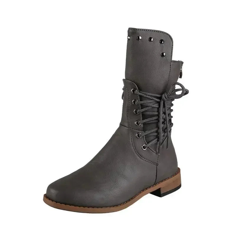 Botas de media caña con remaches para mujer, botines de caballero a la moda, estilo británico, para otoño e invierno, con cordones cruzados, de PU