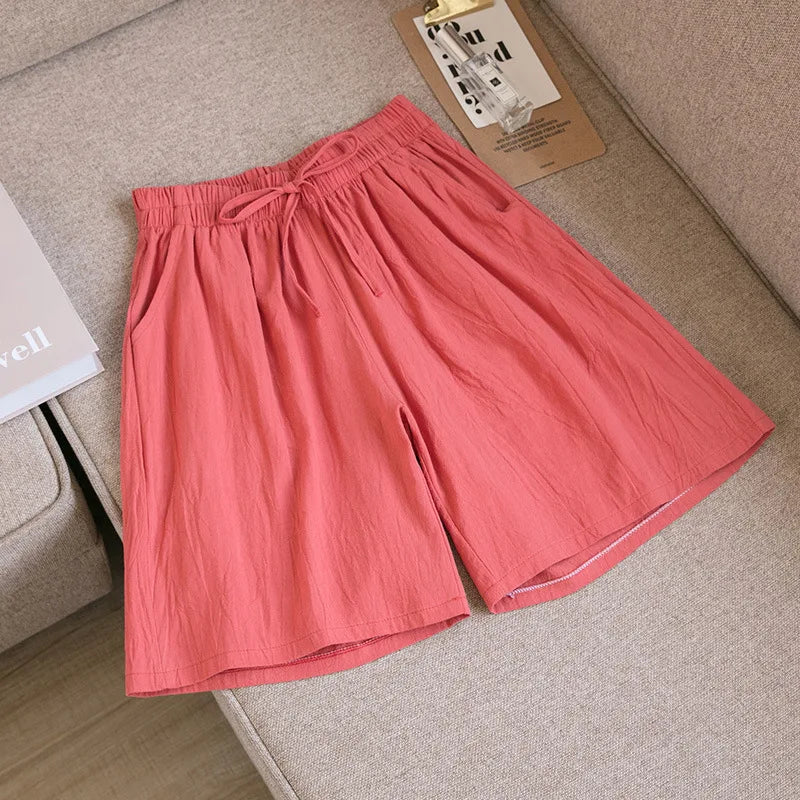 Pantalones cortos de algodón para mujer, informales, de verano, con dos bolsillos, de cintura alta, holgados, suaves y frescos.