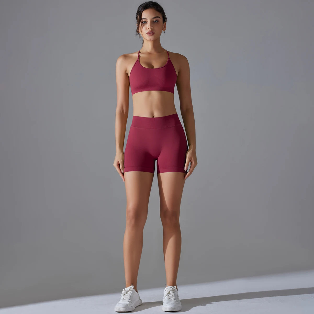 Conjunto deportivo de yoga, mallas de gimnasio de secado rápido, tirantes cruzados con absorción de impactos, pantalones cortos de ciclismo para mujer, entrenamiento de yoga.