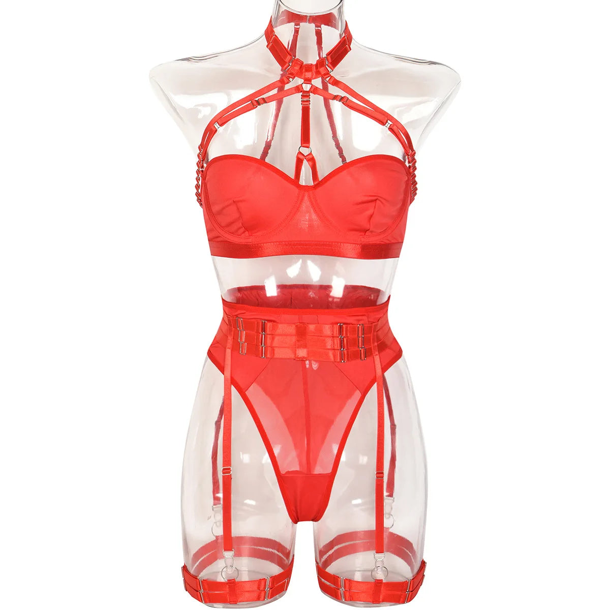 Conjunto de lencería sexy para mujer, con panel de encaje, escote en V profundo, glúteos abiertos, tirantes con forma de corazón de melocotón, cadena cruzada, liguero, ropa interior de tres piezas