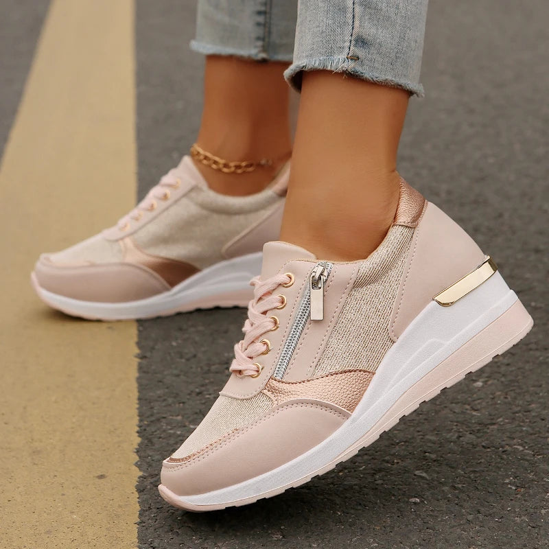 Zapatillas de deporte con cuña rosa de moda 2025 para mujer, ligeras, transpirables, informales, con plataforma vulcanizada y de talla grande.