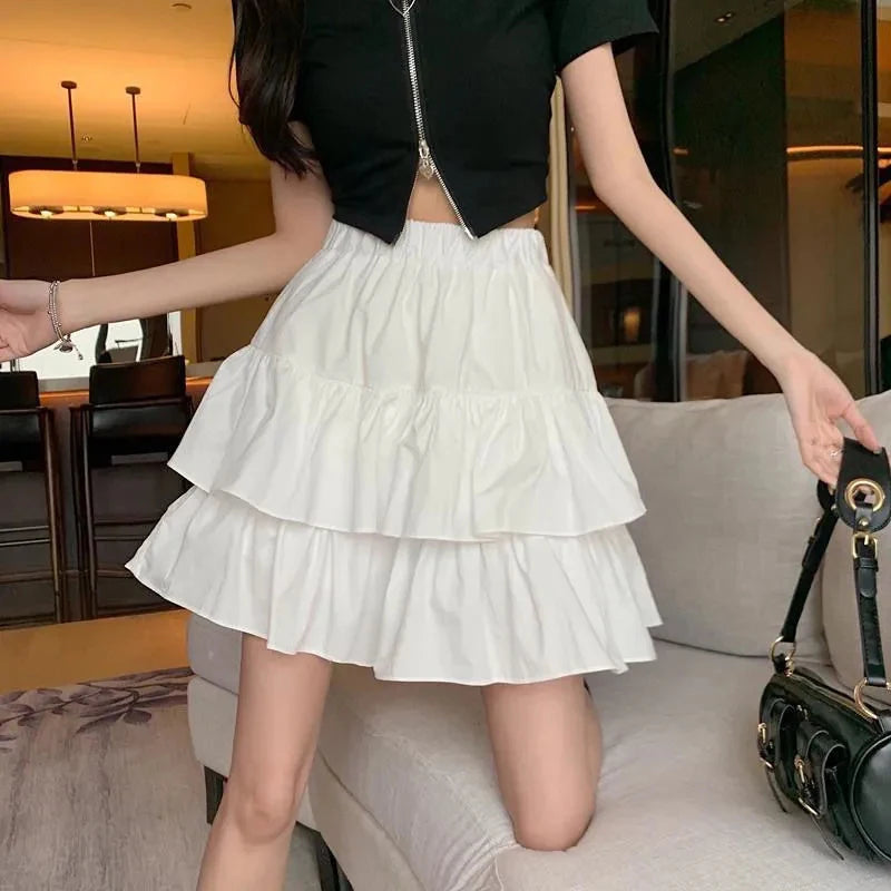 Falda plisada de corte A para mujer, blanca, con volantes, estilo dulce y escalonado, cintura elástica, estilo Harajuku coreano básico y ajustado para verano