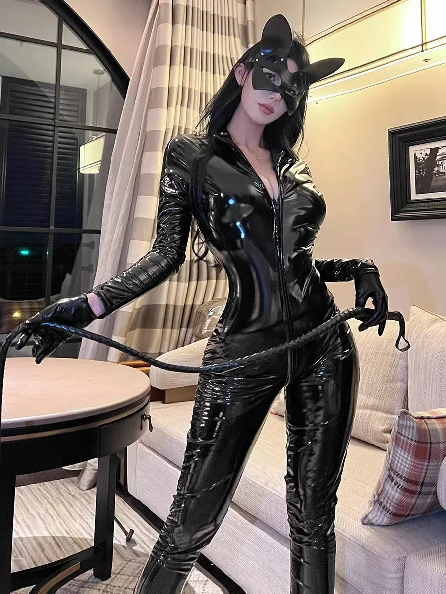 Halloween Catwoman Leather Jumpsuit Nightclub Queen Role Play Bunny Girl Uniform Adult Party Stage Performance Outfit Costume