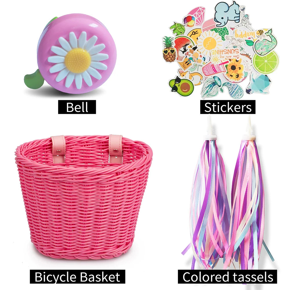 Conjunto de cesta de bicicleta para niños, timbre, borla y pegatinas. Cesta de bicicleta de ratán tejida a mano para manillar delantero. Accesorios de ciclismo.