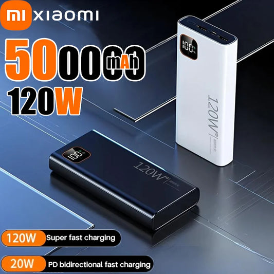 Batería externa portátil Xiaomi de 500.000 mAh y 120 W con carga ultrarrápida y gran capacidad, con pantalla digital para iPhone y Huawei.
