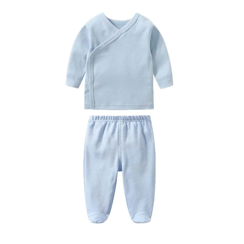 Conjunto de ropa para bebé, niño y niña, camiseta de manga larga de algodón con botones abiertos, pantalones de color liso, conjuntos de primavera para bebé.