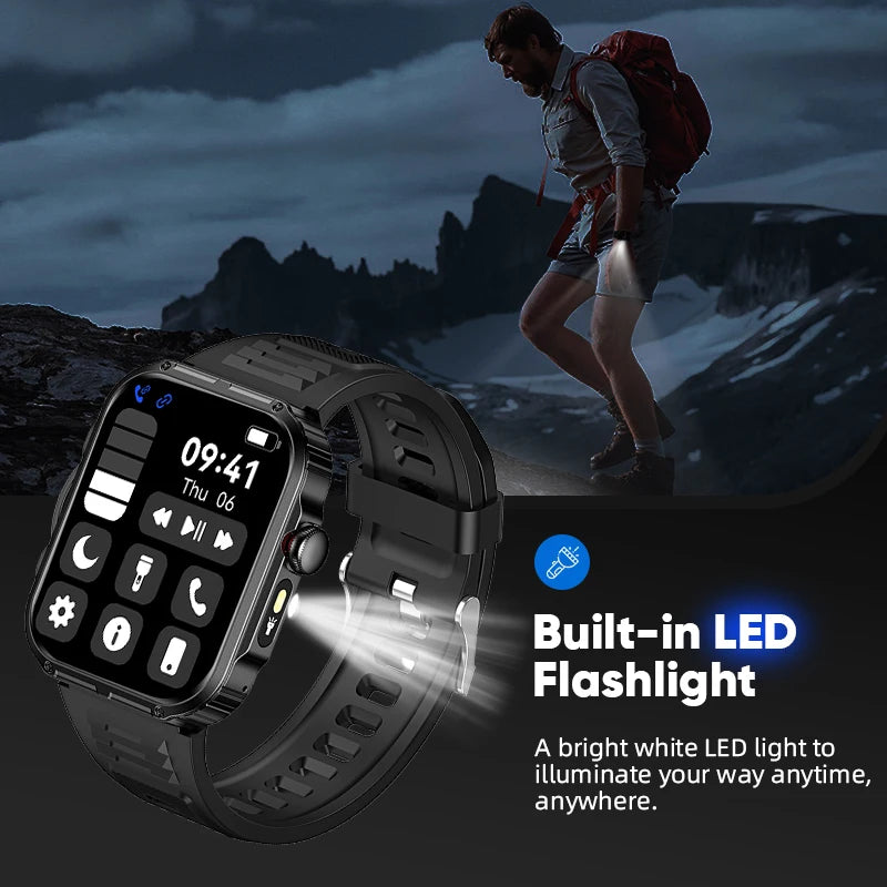 Reloj inteligente de 2,01 pulgadas para hombre y mujer, con linterna LED, control del ritmo cardíaco, para deportes al aire libre y fitness, resistente al agua