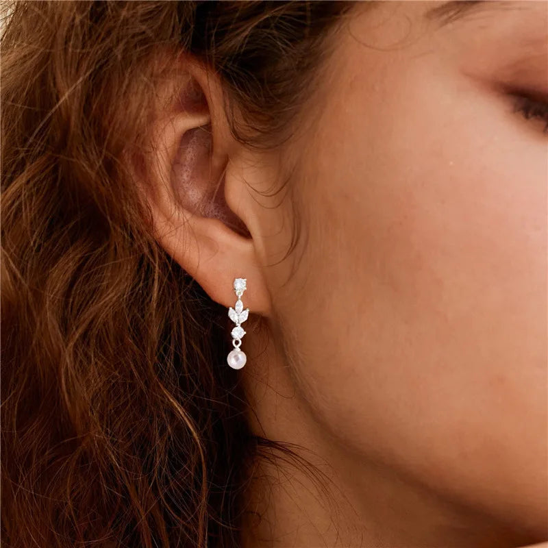 Pendientes colgantes de circonita cúbica con corte marquesa para mujer, joyería de boda con hojas de perla de imitación, precio de fábrica