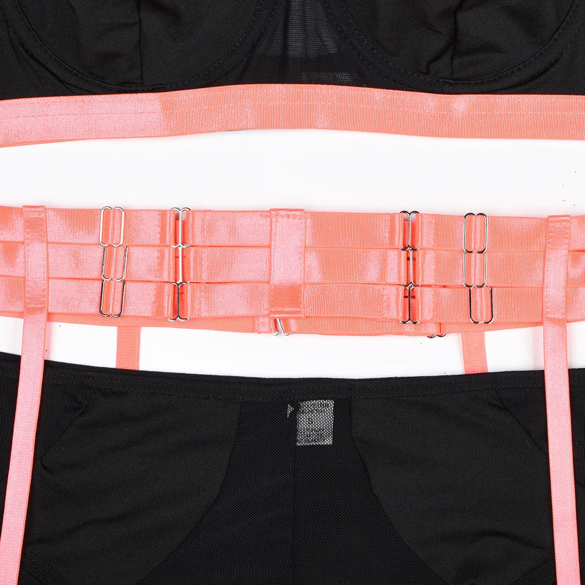 Conjunto de lencería sexy para mujer, con panel de encaje, escote en V profundo, glúteos abiertos, tirantes con forma de corazón de melocotón, cadena cruzada, liguero, ropa interior de tres piezas