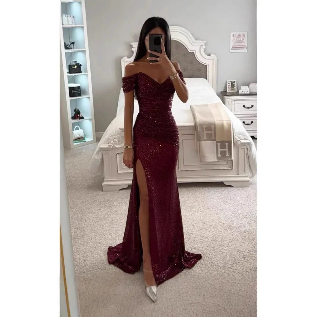 Vestido de fiesta sexy con abertura lateral y lentejuelas brillantes para mujer, de poliéster, sin bordes, ligero y a la moda.