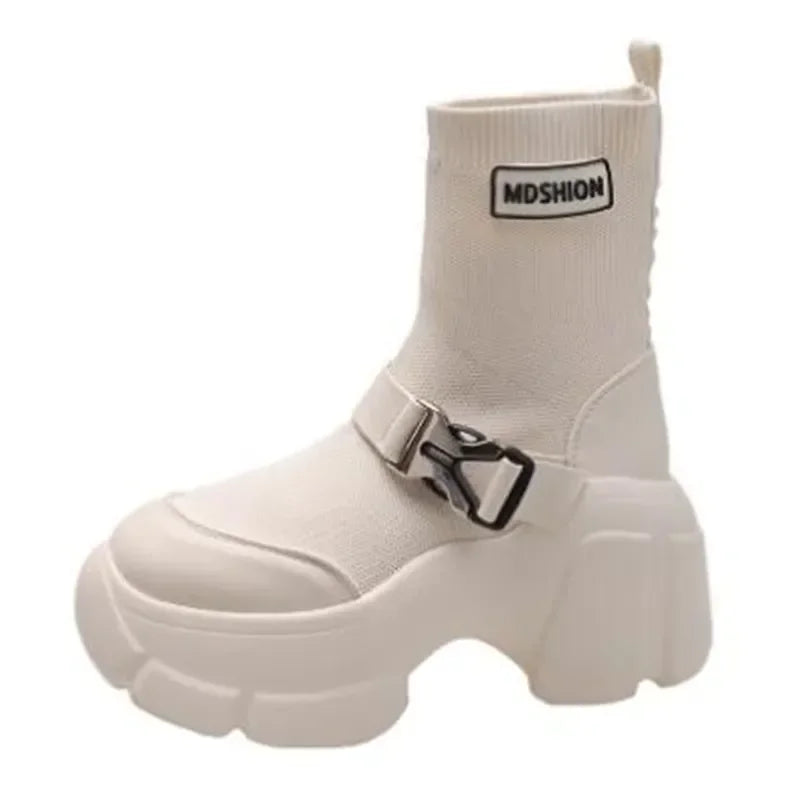 Botines de plataforma alta de 8 cm para mujer, botas cortas con suela gruesa y suela gruesa, antideslizantes, para motocicleta, para otoño