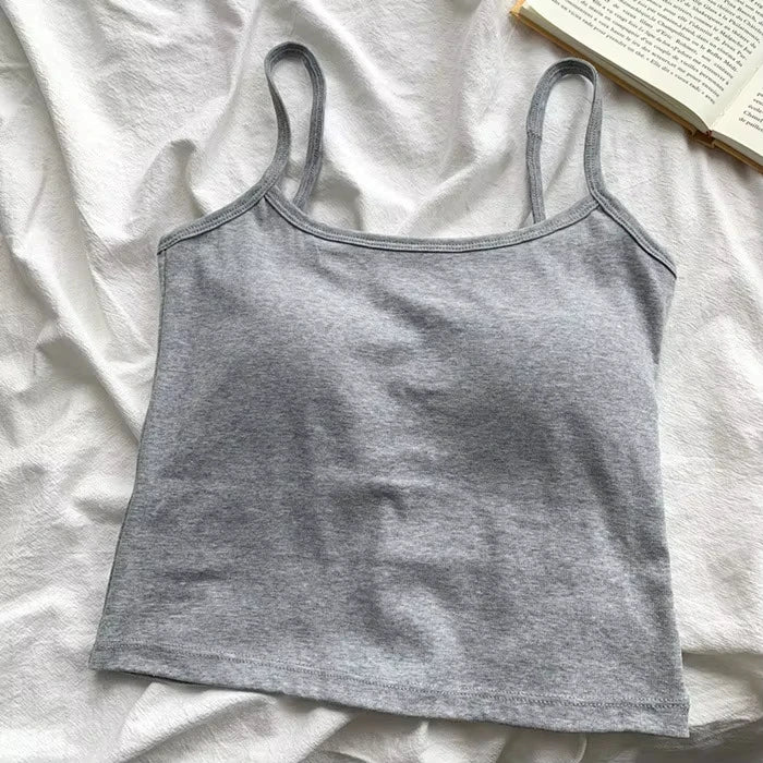 Camisola ajustada sin mangas con tirantes finos de color liso para mujer con almohadilla para el pecho, de algodón, para uso exterior, camisetas cortas de verano para mujer.