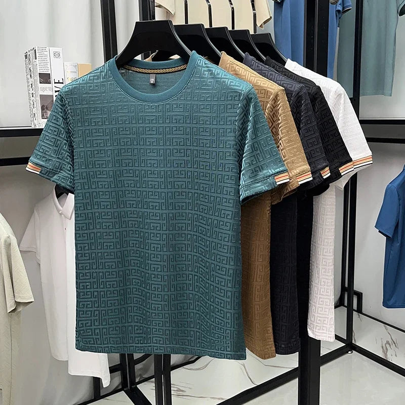 Camiseta de cuello redondo y manga corta de jacquard de moda para hombre, nueva, informal, cómoda y versátil para todas las estaciones, 2025