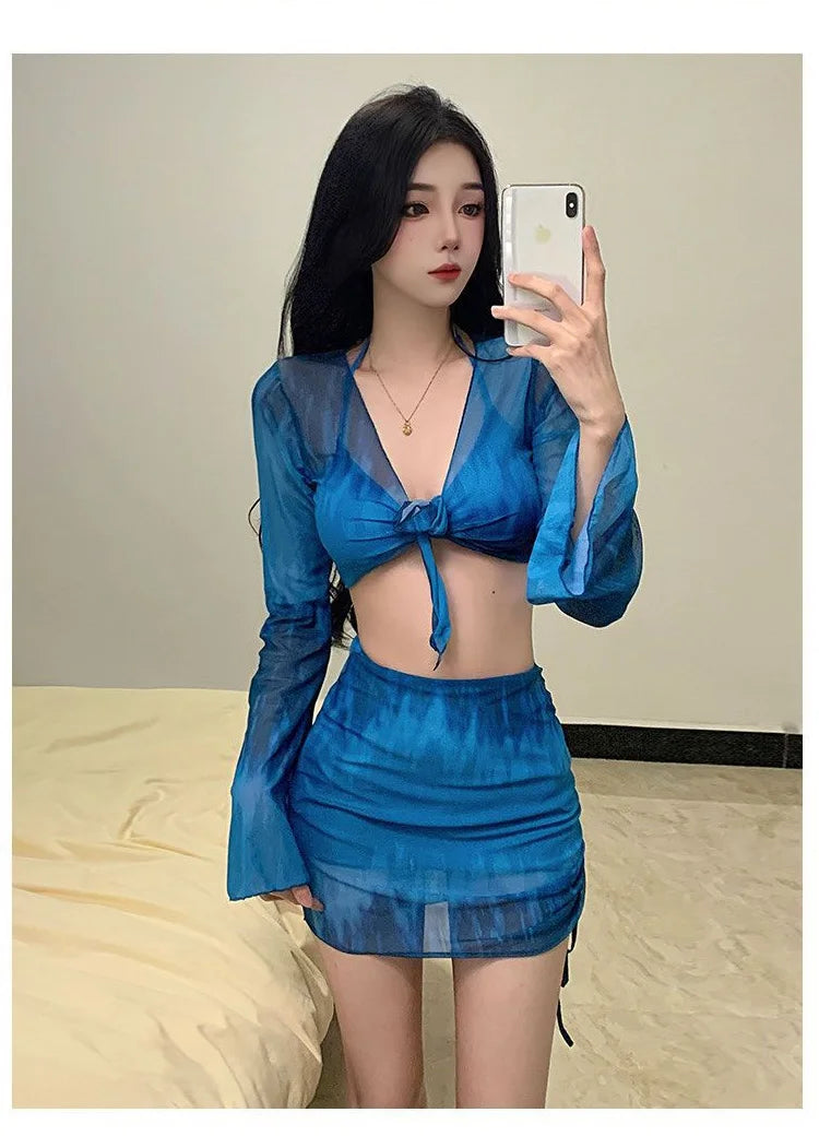 Conjunto de bikini para mujer, traje de baño Vaion separado, Pure Desire, sexy, de cuatro piezas, conservador, ajustado, pecho pequeño, fruncido, persona...