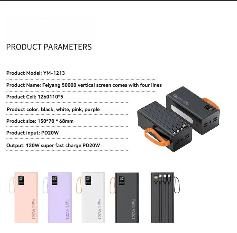 Cargador portátil de alta capacidad Oneplus de 500.000 mAh y 120 W, 4 en 1, con carga rápida y cables, para Samsung y iPhone.