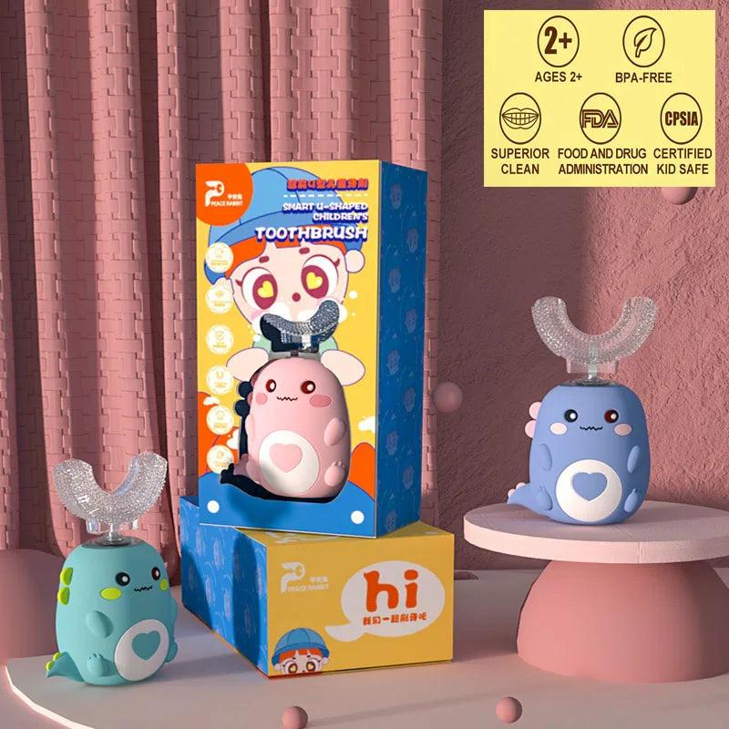 Cepillo de dientes eléctrico en forma de U para niños, 360 grados, inteligente, de silicona, recargable, automático, sónico.