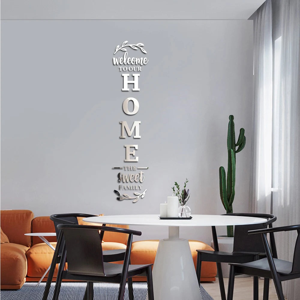 Pegatina de pared con espejo 3D con logotipo familiar para el hogar, decoración de entrada, sala de estar, dormitorio, fondo de pared, bricolaje