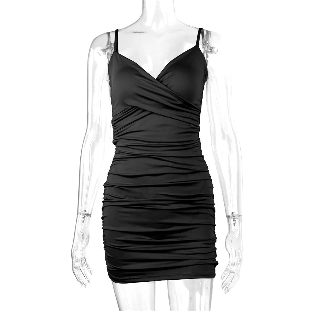 7 Color Sexy Wrinkled Pleated V Neck Sling Dress Short Club Ladies 2025 Summer Bodycon Dress Evening Party Tight Mini Dress D007