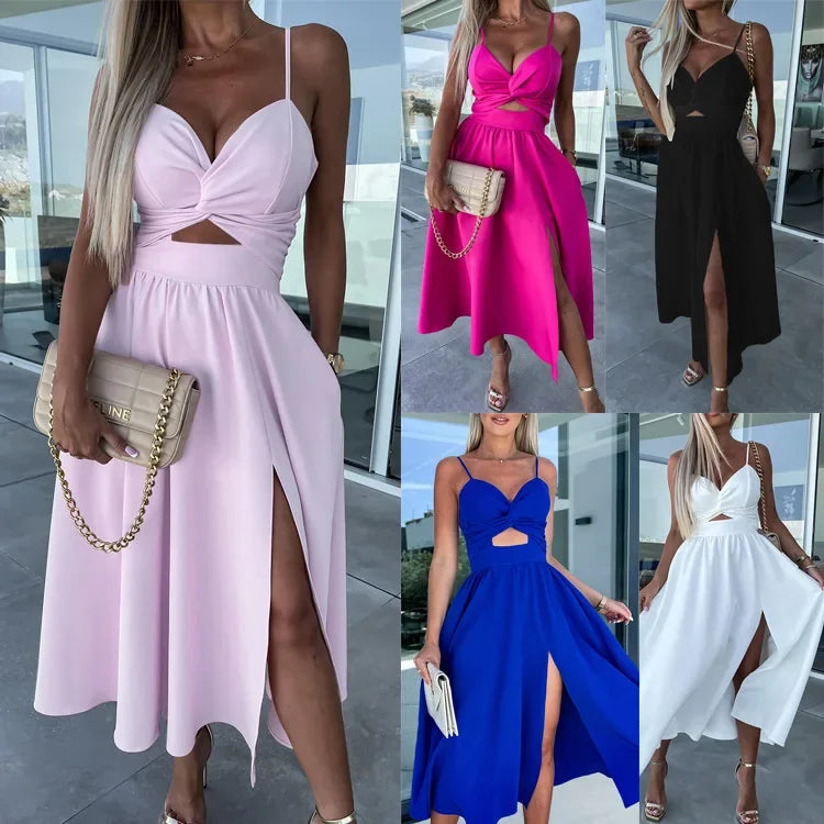 Vestido de mujer con nuevo estilo, cuello en V, corte amplio, que estiliza y suaviza la silueta, espalda abierta y largo medio.