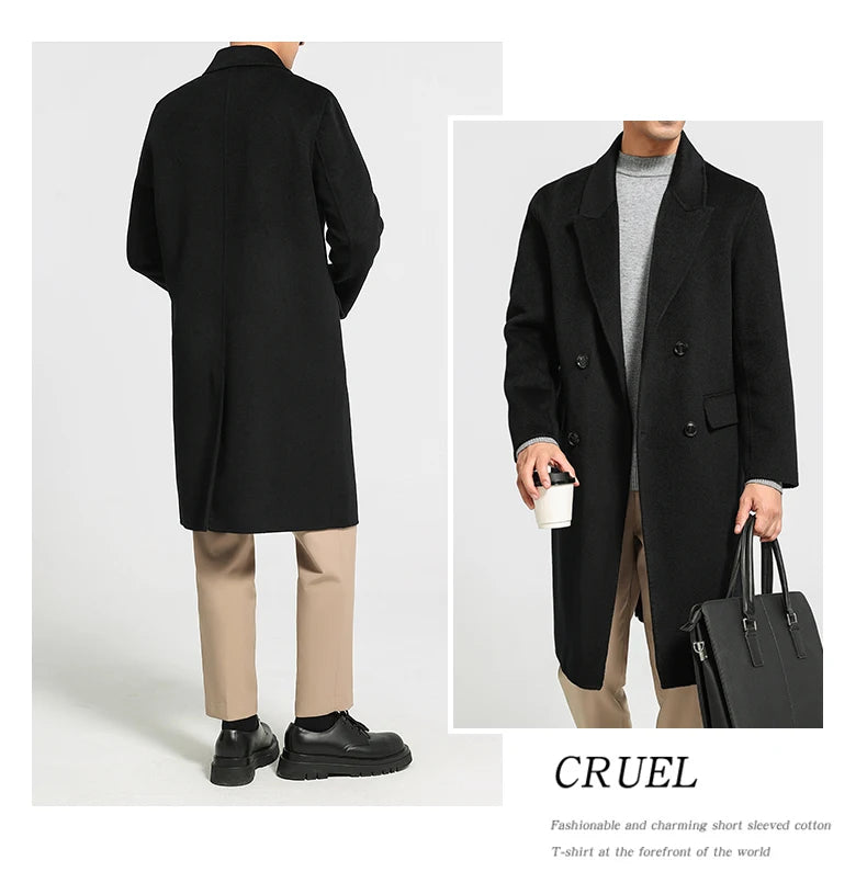 Autumn Winter New 100% Wool Double-sided Wool Coat Men's Korean Suit Collar Wide Fluffy Woolen Coat Simple and Luxurious