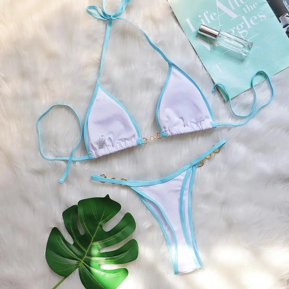 Bikini sexy con cuello halter y perlas para mujer, traje de baño femenino de dos piezas con ribete acanalado