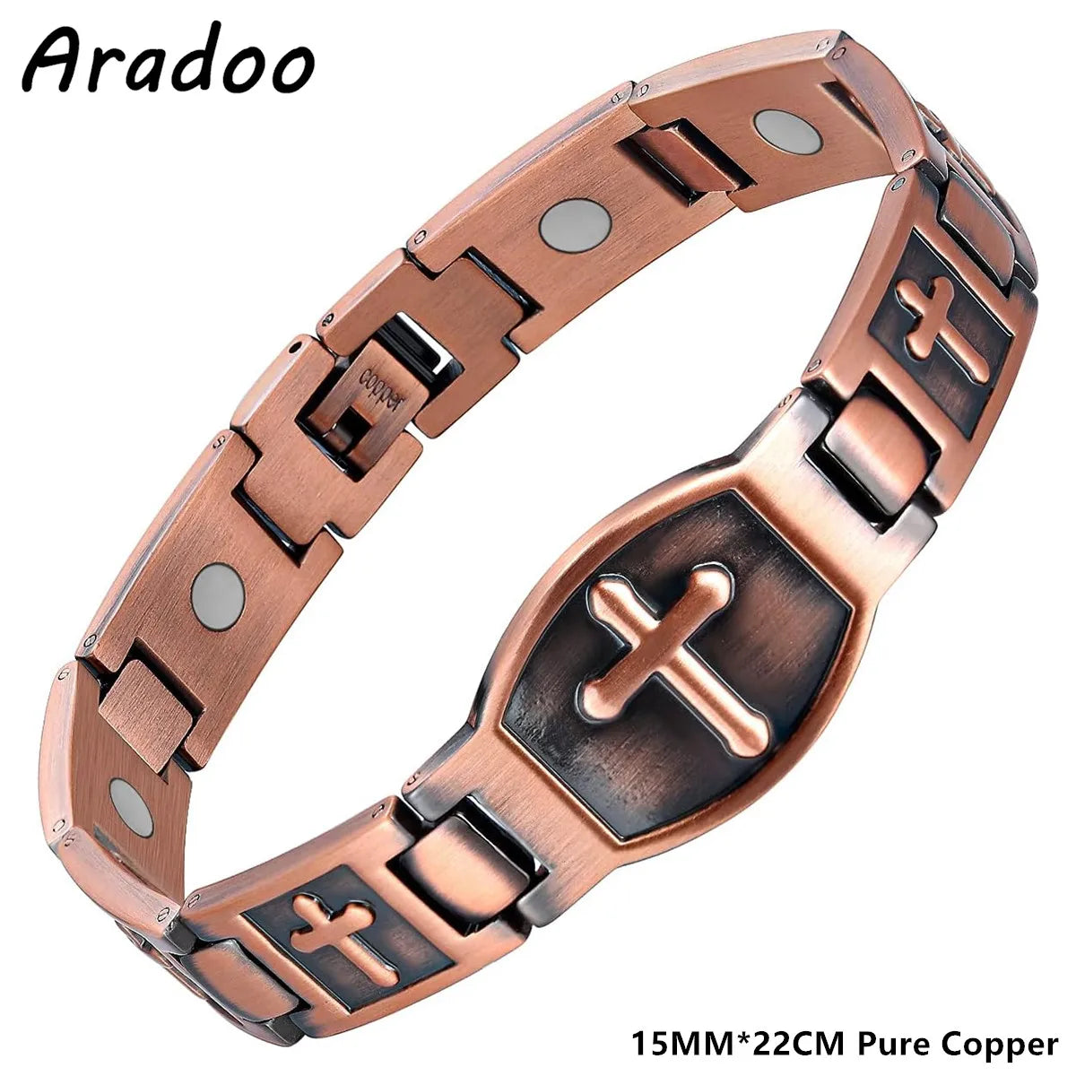Pulseras clásicas de acero y titanio ARADOO con 3 imanes de neodimio ultrarresistentes, pulsera de eslabones de cobre para terapia magnética.